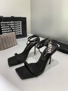 橙子出厂价P P120 Alexander Wang 亚历山大王 一字带方头高跟凉鞋 搭配水晶微标扣带，可调节脚踝绑带，高级进口粉亮真丝，牛皮裡羊皮垫，真皮大底