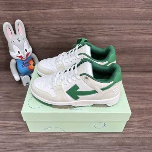 顶级版本Off-White Out Of Office 低帮滑板鞋情侣款白绿。 Off-White箭头符号、Ziptie 标签、1Ogo印花等经典元素皆在此呈现