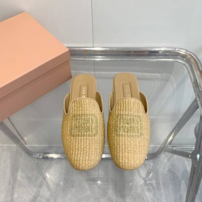 Miu Miu 春草编刺绣拖鞋 miumiu平底微标凉鞋拖鞋简约大气时髦