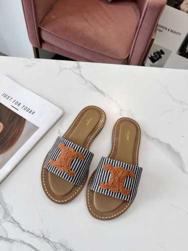 皮底 CELINE 赛琳 2024春夏新品半拖鞋鞋面采用原版定制布料，大底下层原版生胶上层真皮底组合，质感非凡上脚超级好看码数35-41 41定做不退换