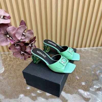 工厂p价 女装女鞋 运动原单 Versace范思哲 Gianni Ribbon 香水瓶水晶粗跟 高跟凉鞋 拖鞋 _______________________