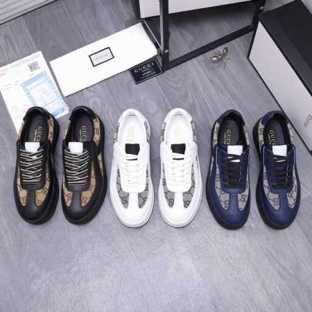 商品商标：Gucci 古驰 休闲男鞋 正码码数: 38-44 商品材料：精选牛皮拼接织布鞋面 羊皮内里 原版大底 - 点击图像关闭