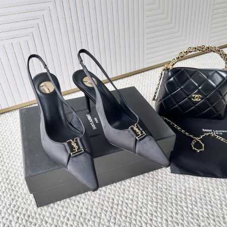 SAINT LAUREN*ysl圣罗兰SS25新款 小方头后空高跟凉鞋鞋面: 真丝布 开边珠牛皮 大底：真皮大底跟高：9cm码数：35-39 34.40.41. - 点击图像关闭