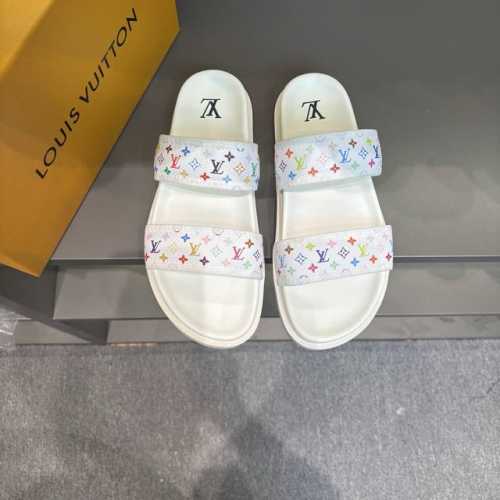 码数38-46 L.V 驴家高端男士夏季拖鞋， 经典老花系列，一字带宽松设计，别致的色彩拼接效果，个性鲜明，时尚潮流穿搭必备款式，轻盈舒适。轻质韧性橡胶内底，微