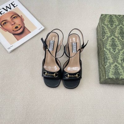 橙子出厂价p gucci 古驰 春夏新款 马衔扣鱼嘴一字带粗跟凉鞋 跟高 7Cm 码数 35-42
