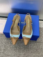 工厂p价p Stuart Weitzman 2025春夏新款Sling Back小方头蝴蝶结女鞋 Sw字母Logo五金扣中跟拼色后空凉鞋 材质:鞋面进口混种羊皮