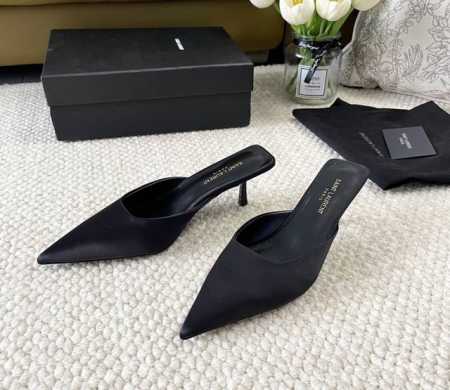 Ysl圣罗兰 尖头小猫跟凉拖鞋 跟高:6Cm 正码:35-39订做40 真皮底 颜色:羊皮黑，真丝黑，豹纹布 - 点击图像关闭