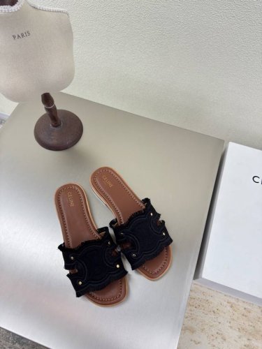 celine 夏日专属 流苏工艺 凯旋门系列 经典拖鞋 赛琳 家族元素设计 Logo 黑色 立体绣花 而成 立体感十足 对标对版 边缘流苏工艺 舒适高端 内里小