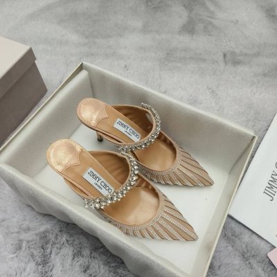 jimmy Choo 爆款尖头水钻高跟鞋钻带半拖凉鞋 面料：金色 粉色 内里：小羊皮 大底：意大利真皮大底 码数：35～39 33 34 40 41 42定制不