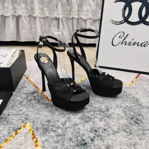 上新 Ysl 顶级高版本 2025新款超高跟鱼嘴凉鞋 细节处理完美 垫脚羊皮 质感细腻 Aaa级意大利黑色真皮大底 极致完美复刻 1鞋面：进口真丝 2垫脚：进口