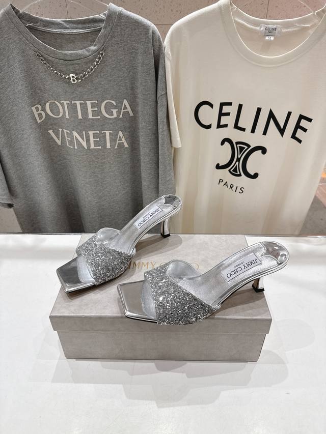 高版本出厂 Jimmy Choo*｜Jc 吉米周2025Ss春夏新款简约闪亮格力特高跟鞋拖鞋 原版套楦，完美的线条，简约大气上脚显气质粗跟舒适百搭，还能拉长双腿