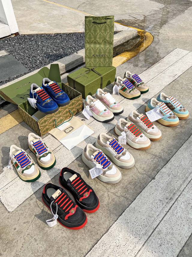 实价 Gucc Ss新款 G家Screener系列情侣款胖丁胖墩墩小脏鞋面包鞋做旧厚底运动鞋休闲鞋 顶级版本原版购入开发做货 古驰Screener系列运动鞋以7