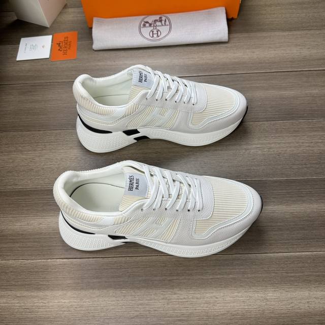 Hermes 爱马仕 -高端品质 原单 -鞋面 摔纹小牛皮 高丝光条纹布匹 车缝品牌H图腾 -内里 水染牛皮 -大底 超轻Tpu发泡 橡胶 双色成型大底 -超高