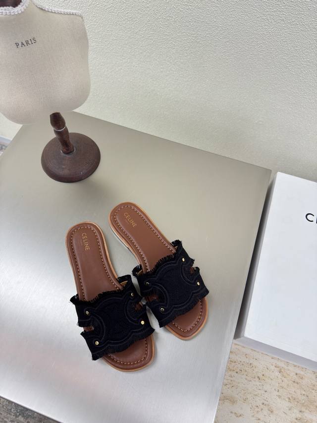 celine 夏日专属 流苏工艺 凯旋门系列 经典拖鞋 赛琳 家族元素设计 Logo 黑色 立体绣花 而成 立体感十足 对标对版 边缘流苏工艺 舒适高端 内里小