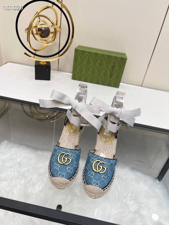 冲量价: Gucci 古奇坡跟渔夫凉鞋 厚底草编 高端品质 面料 双G面料电绣 内里 混种羊皮里 码数 35 41