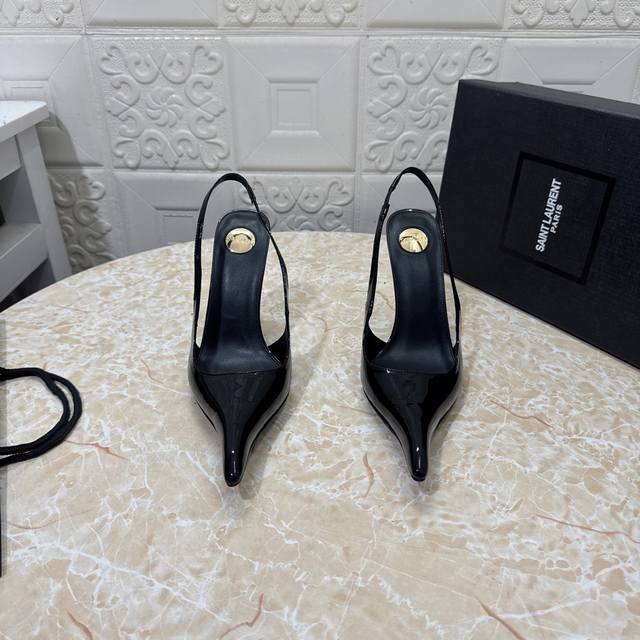 ysl.顶级版本.高品质. 配置全套包装 2025新款 官网同步 1:1开模 尖头后空鞋 鞋面 漆皮 真丝 内里 羊皮 跟高: 10.5Cm 大底 A级原版黑色