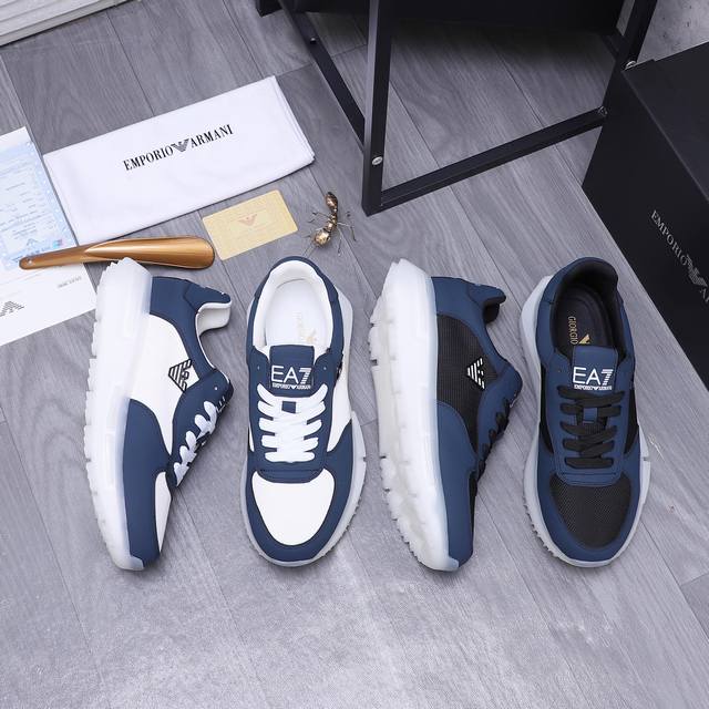 商品商标：Armani 阿玛尼 休闲鞋 正码码数: 38-44 45.46订做不退换 商品材料：精选牛皮拼接鞋面 透气网内里 橡胶大底