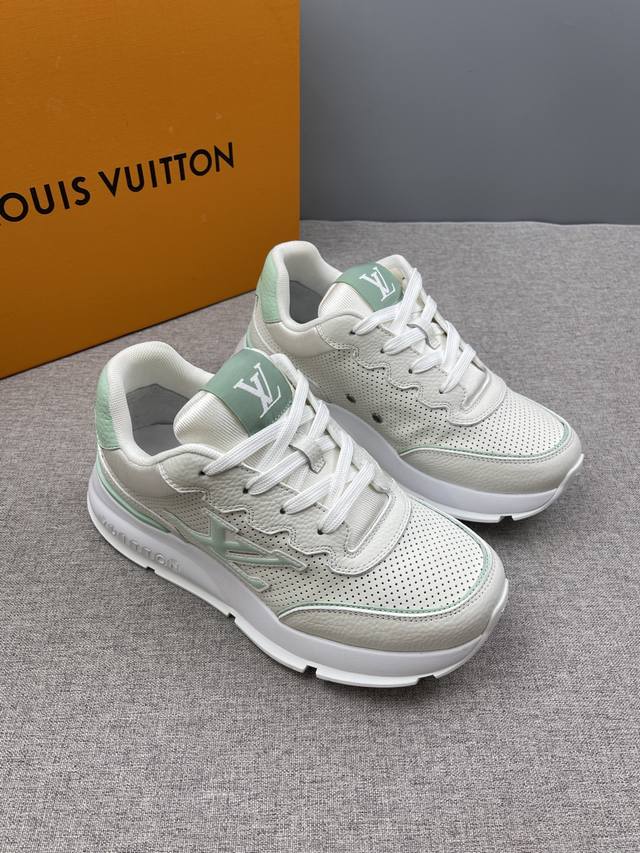 Louisvuitton 情侣款 ，2025新款春真皮透气运动鞋厚底男女情侣同款增高拼色休闲鞋，正品拆版一比一调楦出格开模 套楦 头层牛皮冲孔 原单品质 小牛皮