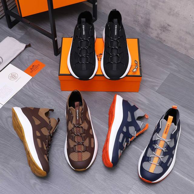 商品商标：Hermes 爱玛仕 休闲鞋 正码码数: 39-45 商品材料：精选 牛皮拼接网鞋面 牛皮鞋垫 原版大底