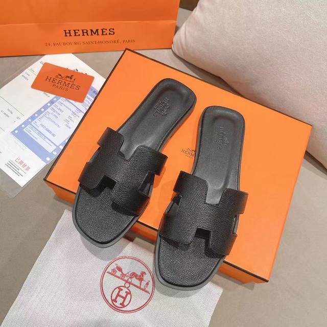 直销 女鞋 女装 女鞋工厂P 最新升级版本爱马仕拖鞋，面料进口掌纹牛皮，内里垫脚羊皮里，真皮大底码数34―42码 34码40、41、42码不退不换 ，黑色，