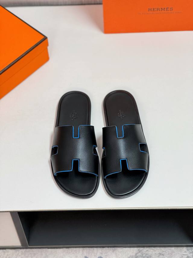 HermèS 真皮底 Size：38-44 45.46.47定制 爱马仕最高品质经典H拖鞋～高端男士凉鞋沙滩鞋拖鞋～专柜同步～原单代购货！原版进口鞋面牛皮内里牛