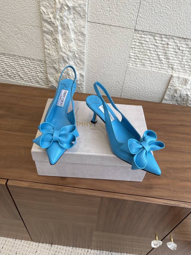 顶级版本 Jimmy Choo 25Ss春夏新款 尖头 蝴蝶结 凉鞋 穆勒鞋 高跟鞋 Jimmy Choo 周仰杰 Staz Sling Back 70系列露跟