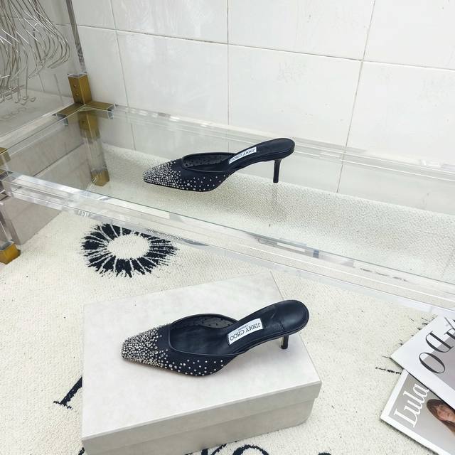 Jimmy Choo 周仰杰仙女小方头网纱高跟拖鞋半拖经典水晶网纱小仙女小方头高跟拖鞋半拖超级仙的一款啊！美得让人窒息施华洛世奇水晶钻 Bling Bling滴