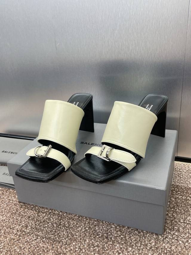 工厂P价P Balenciaga 2025春夏新款果冻色方头粗跟金属皮带扣女鞋 巴黎世家字母Logo五金扣高跟露趾凉拖鞋 材质:鞋面定制进口小牛皮+混种羊皮里+