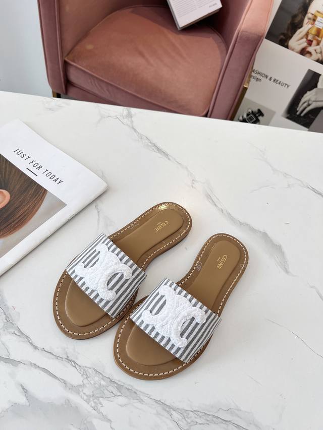 皮底 ，橡胶 Celine 赛琳 春夏新品半拖鞋鞋面采用原版定制布料，大底下层原版生胶上层真皮底组合，质感非凡上脚超级好看 码数35-41 41定做不退换