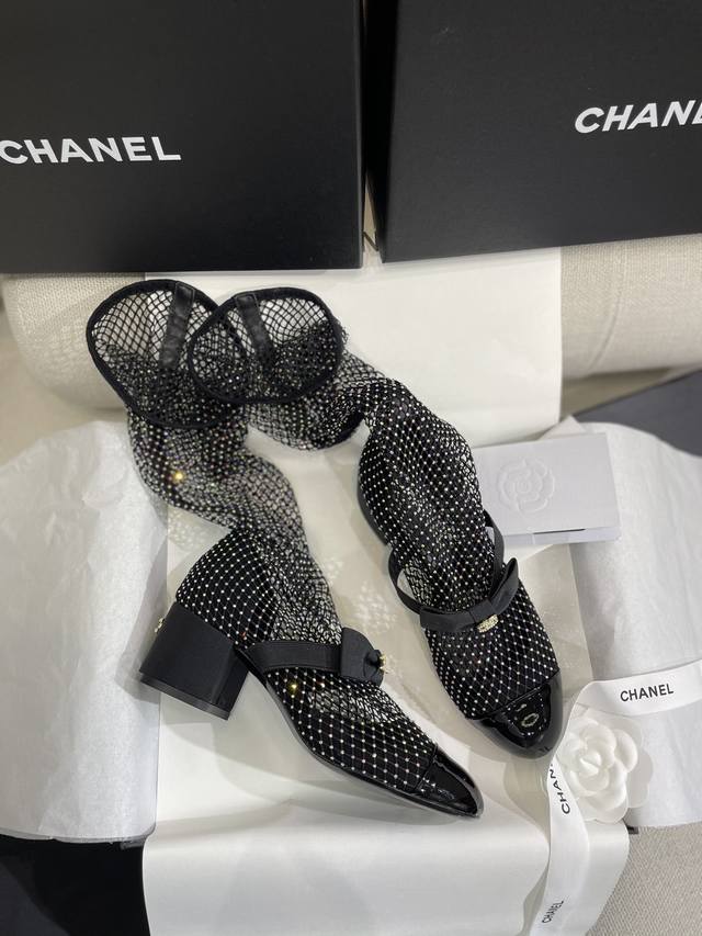 上新 黑彩钻-矮跟 高筒Chane*小香23P秋冬双C珍珠蝴蝶结闪闪施华洛世奇水钻渔网袜镂空高跟鞋 网靴 袜靴 袜鞋 顶级原单版，购入Yp对比定制 创新融合水钻