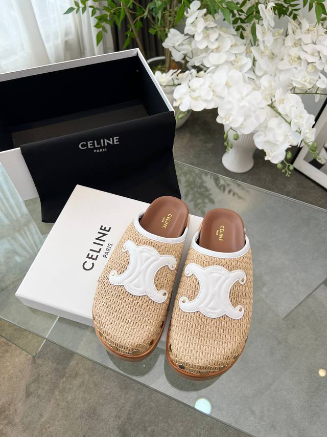 Celine 春夏季新款凯旋门勃肯包头拖鞋 复古风勃肯鞋简约时尚，铆钉硬质风格与凯旋门经典搭配 牛反绒 编织牛皮里铆钉真皮沿条+原版大底 35 40正码 配套包