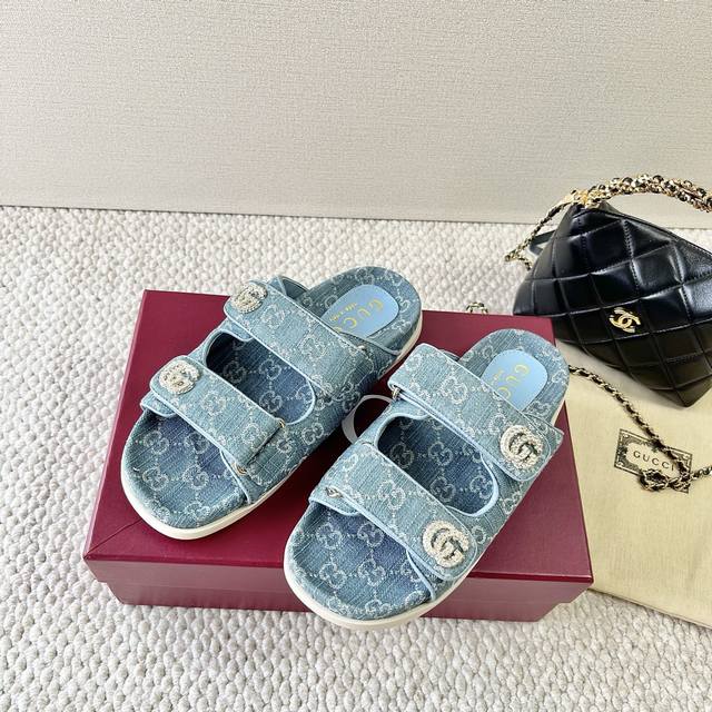 Gucci古奇25年新款 G家 双G魔术贴厚底凉鞋 凉拖鞋 正码35-39订做40.41.42不退不换