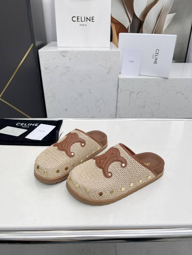 Celine25Ss草编铆钉勃肯拖鞋｜一脚踩进法式慵懒 松弛感天花板 经典Triomphe凯旋门Logo 混种羊皮里｜厚底反水台｜原版轻质发泡橡胶真皮围条大底3