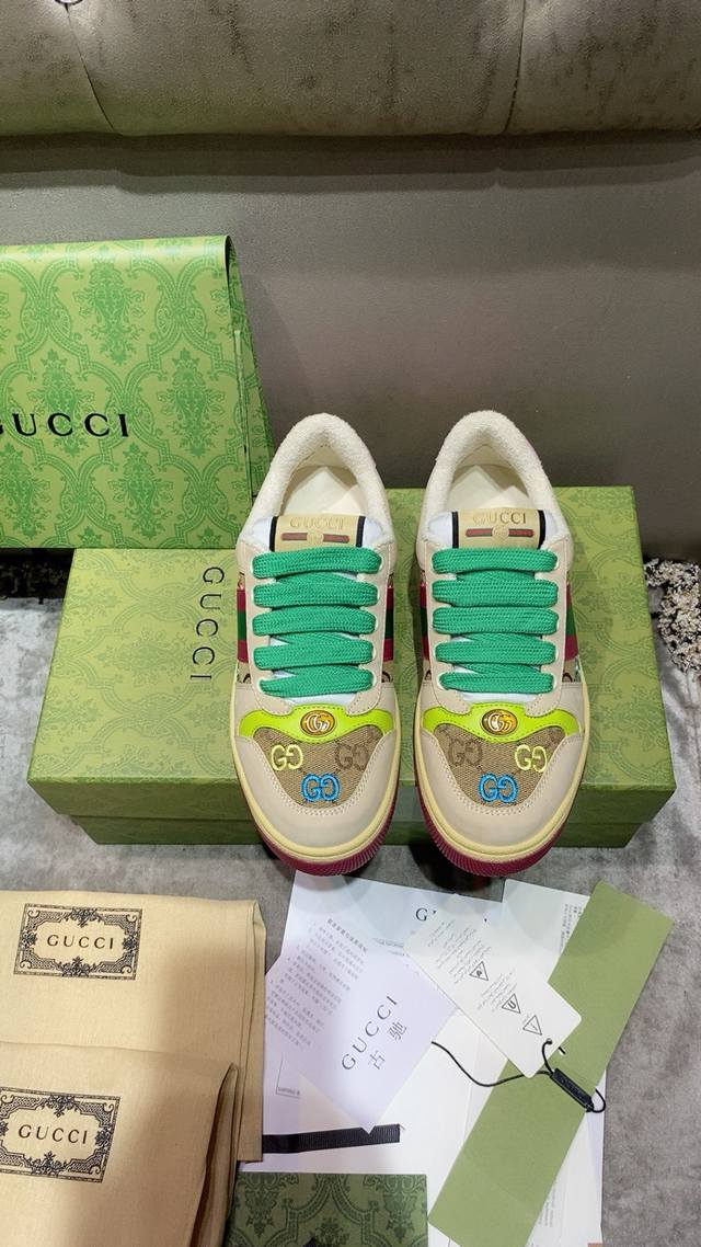 工厂P价 男款加10情侣款 新色老花电绣玫红尾情侣款 Gucci Screener系列情侣款运动鞋 原版定制 Gg系列做旧休闲小脏鞋走秀款 Zp开发纯原版本 G