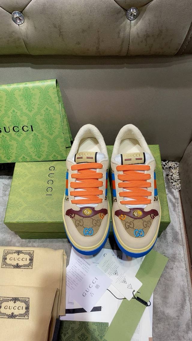 工厂P价 男款加10情侣款 G家新色咖色蓝底电绣情侣款 Gucci Screener系列情侣款运动鞋 原版定制 Gg系列做旧休闲小脏鞋走秀款 Zp开发纯原版本
