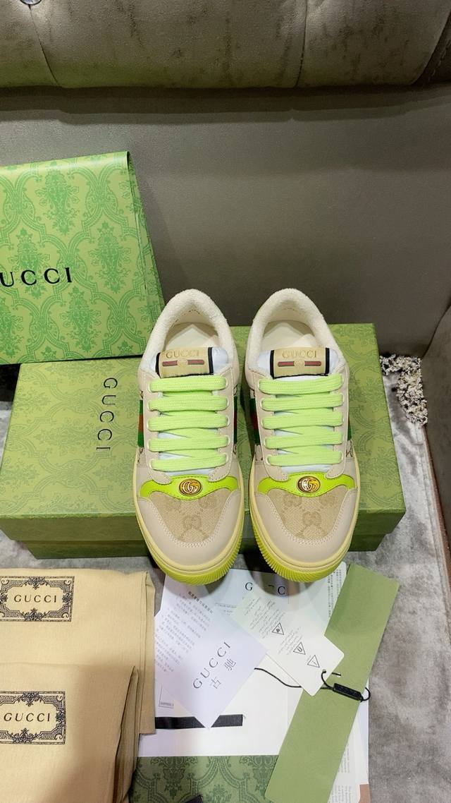 工厂P价 男款加10情侣款 新款柠檬黄情侣款 Gucci Screener系列情侣款运动鞋 原版定制 Gg系列做旧休闲小脏鞋走秀款 Zp开发纯原版本 Gucci