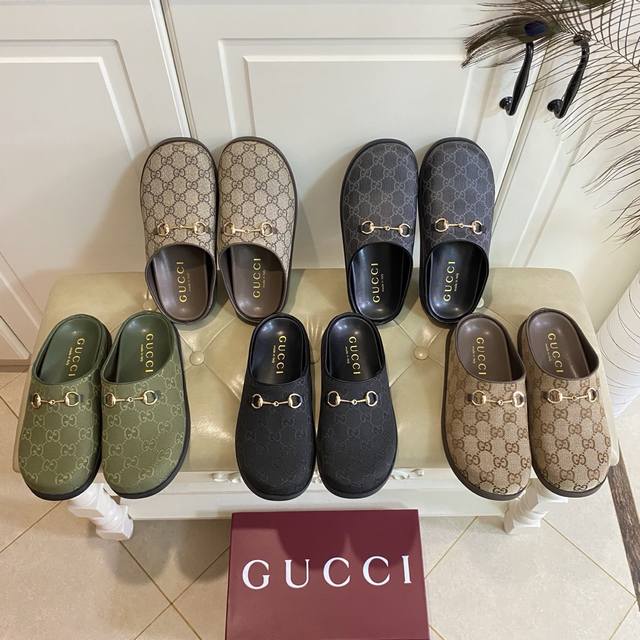 出厂价P ，古奇Gucci新款圆头穆勒拖鞋，经典双G原胶 双G提花布面，羊皮里，橡胶底，36-42码