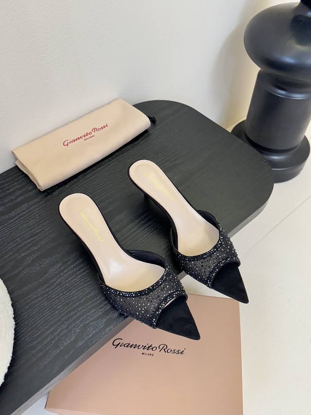 吉安维托 罗西 Gianvito Rossi 官网最新发尖头凉拖 原版拆解1:1完美复刻 鞋面进口水钻搭配网纱 高光羊皮垫脚 意大利真皮底 跟高：5.5 码数：
