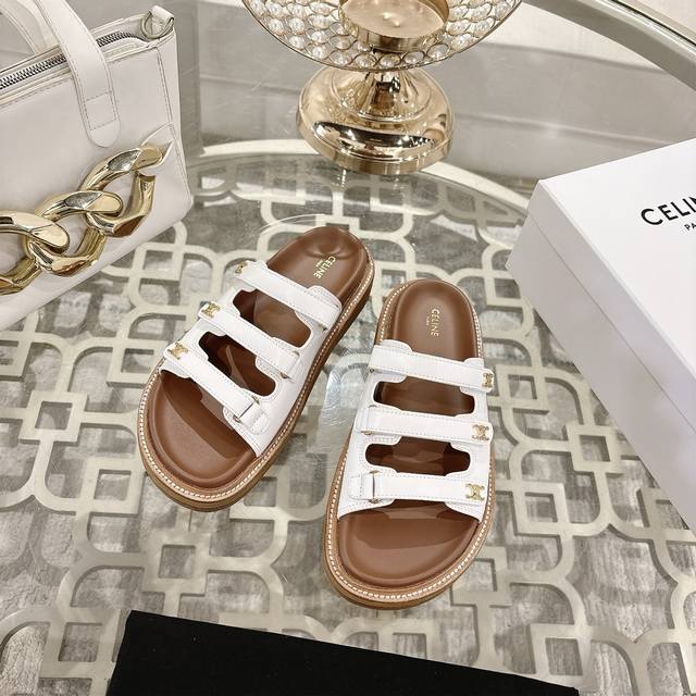 Celine 夏日专属 凯旋门系列厚底拖鞋 沙滩鞋 赛琳 家族元素设计 金属Logo 凉拖鞋 超级美 超级减龄 面料：进口小牛皮 内里：舒适小羊皮 大底：原版开