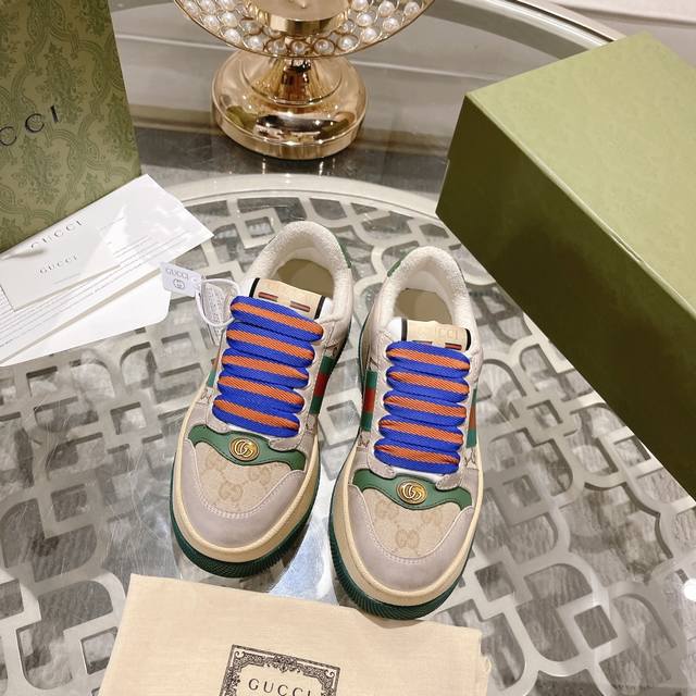 直销 女鞋工厂P Gucci最新款胖嘟嘟厚底脏脏鞋~~情侣款休闲鞋，6Cm增高鞋~~ 爆，矮仔乐，真心好看 鞋面擦色牛皮拼接经典双G布面料，毛巾布里细腻吸汗透气