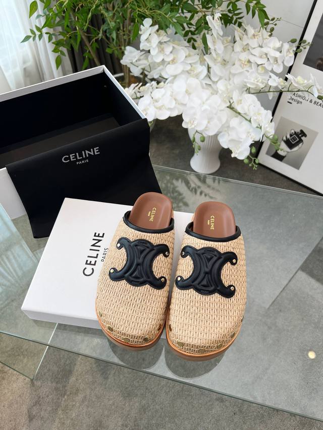 Celine 春夏季新款凯旋门勃肯包头拖鞋 复古风勃肯鞋简约时尚，铆钉硬质风格与凯旋门经典搭配 牛反绒 编织牛皮里铆钉真皮沿条+原版大底 35 40正码 配套包