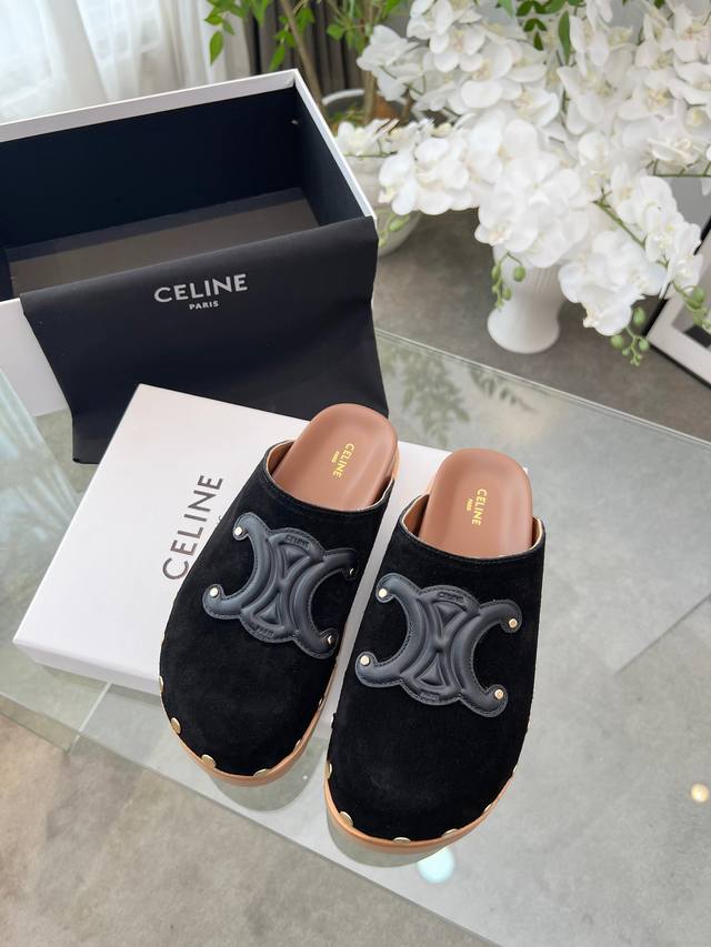 Celine 春夏季新款凯旋门勃肯包头拖鞋 复古风勃肯鞋简约时尚，铆钉硬质风格与凯旋门经典搭配 牛反绒 编织牛皮里铆钉真皮沿条+原版大底 35 40正码 配套包