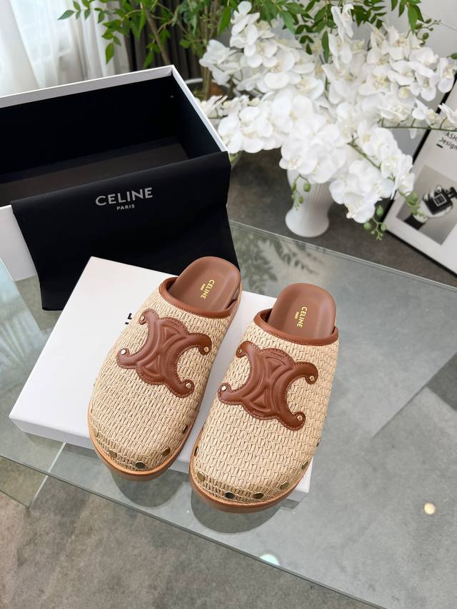 Celine 春夏季新款凯旋门勃肯包头拖鞋 复古风勃肯鞋简约时尚，铆钉硬质风格与凯旋门经典搭配 牛反绒 编织牛皮里铆钉真皮沿条+原版大底 35 40正码 配套包