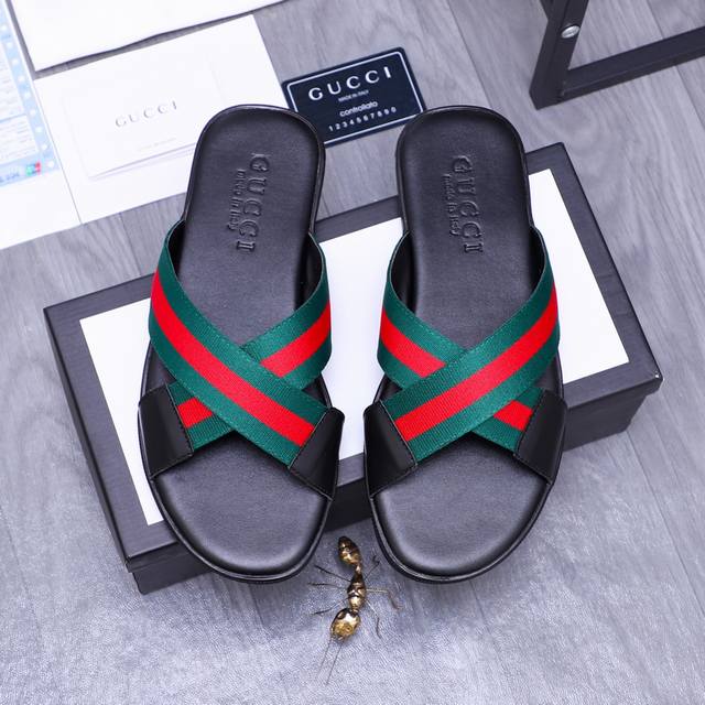 商品商标：Guccl 古驰 交叉拖鞋 正码码数: 38-45 商品材料：鞋面牛皮配织带材料原版大底