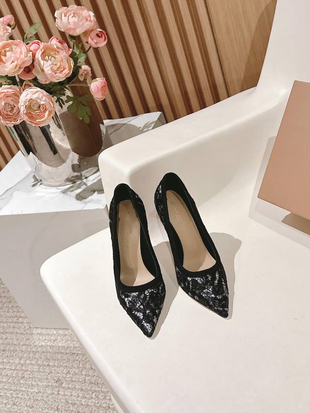 Gianvito Rossi 2025新款单鞋 顶级版本 蕾丝网面设计独具韵味，增添了神秘与性感。高跟尖头展现出优雅气质，后空款式则透着一丝俏皮。穿上它，每一步