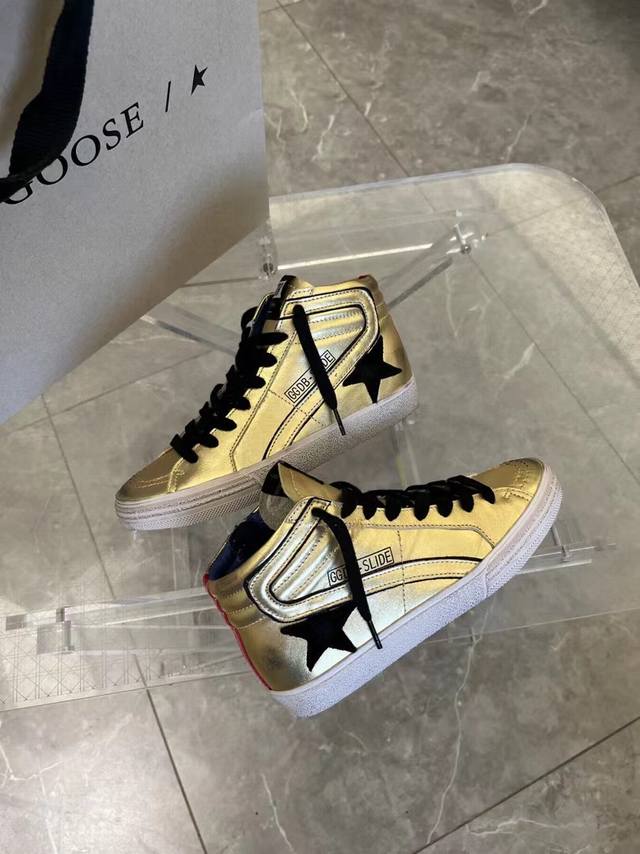 金色高帮情侣款顶级牛里高版本.低端勿扰！ 包装:全线升级新包装..卡片，吊牌，布袋， Ggdb Mid Star 黄金鹅小脏鞋高邦Golden Gse Delu