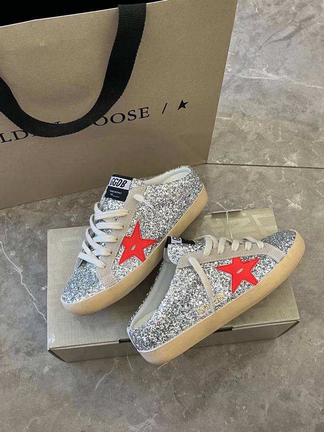 亮片红星半拖情侣款# 原版复刻高版本.低端勿扰 Golden Goose Deluxe Brand 2025夏季新款Ggdb半拖小脏鞋Snerkers系列 鞋面