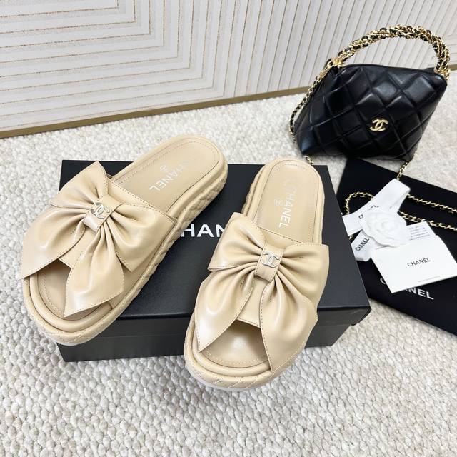 代购版 Chanel香奈儿 小香家25年春夏新品 蝴蝶结厚底凉拖鞋 菱格松糕凉鞋 牛皮 原版大底 正码:35-39订做40.41不退不换