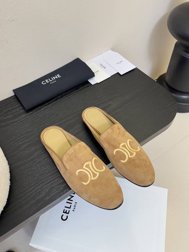 Celine*塞琳2025Ss新款包头半拖 网红Ins种草神器、非常复古风、气场十足单品、设计风格非常新颖、高档且非常舒适.原版一比一定制 鞋头Celine标志