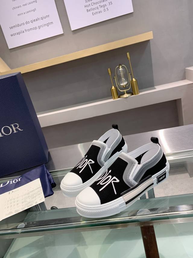 女 男 Dior情侣款， 专柜全套代购配件正确吸汗网布贴合发泡鞋垫高奢品牌 -Dior迪奥 B23 Oblique Slip-On Low Top Sneake